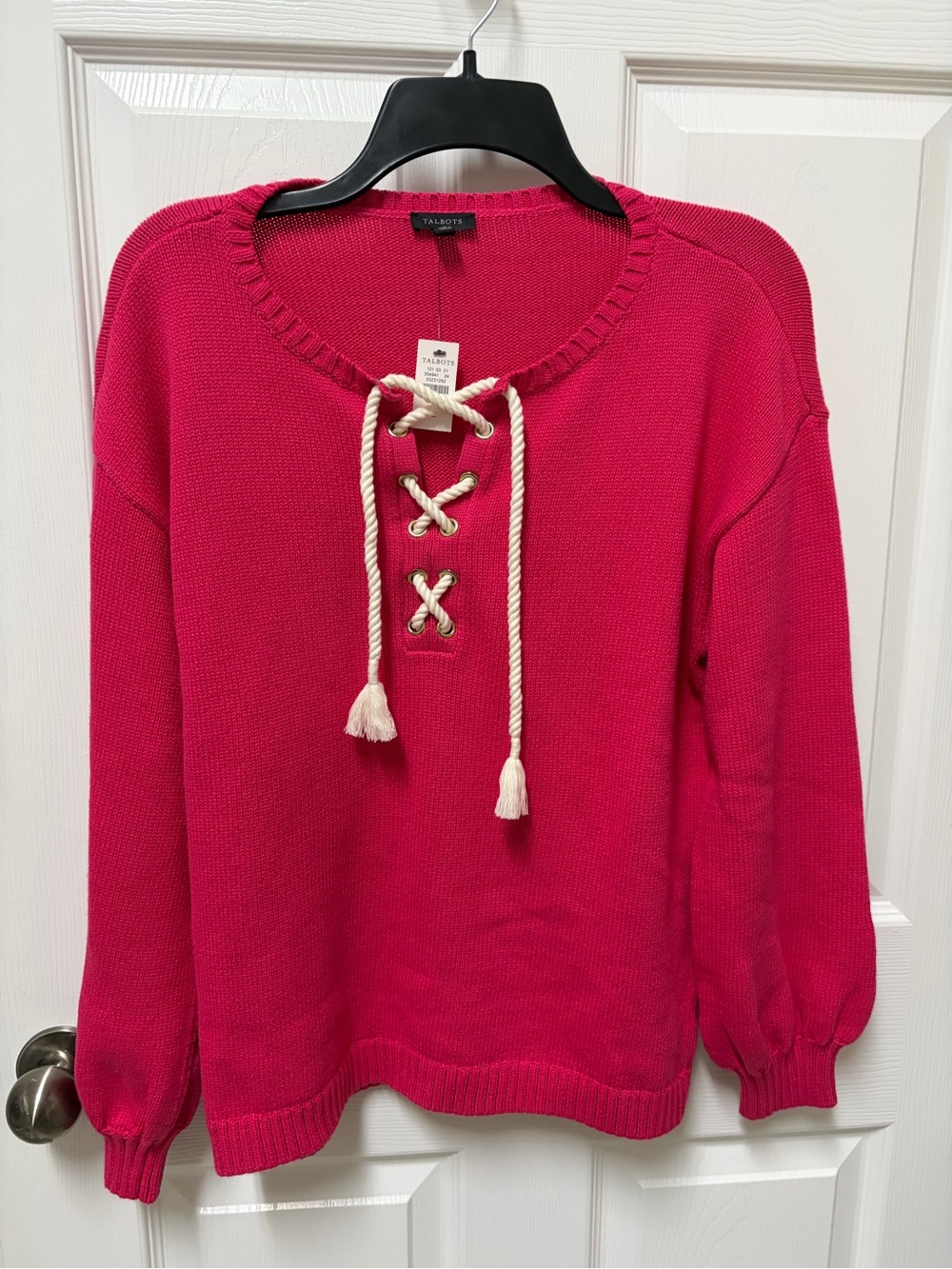 Talbots Bright Pink Lace-Up Crewneck Sweater